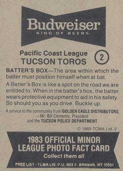 1983 TCMA Tucson Toros #2 Dan Boone Back