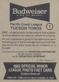 1983 TCMA Tucson Toros #7 Gordie Pladson Back