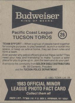 1983 TCMA Tucson Toros #26 Ruben Robles Back