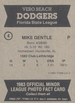 1983 TCMA Vero Beach Dodgers #4 Mike Gentle Back
