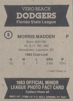 1983 TCMA Vero Beach Dodgers #8 Morris Madden Back