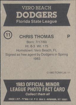 1983 TCMA Vero Beach Dodgers #11 Chris D. Thomas Back