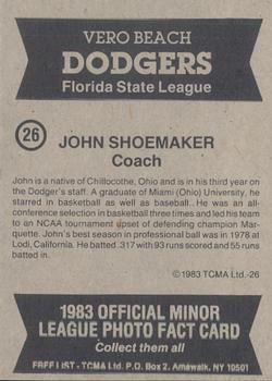 1983 TCMA Vero Beach Dodgers #26 John Shoemaker Back