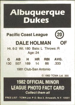 1982 TCMA Albuquerque Dukes #20 Dale Holman Back