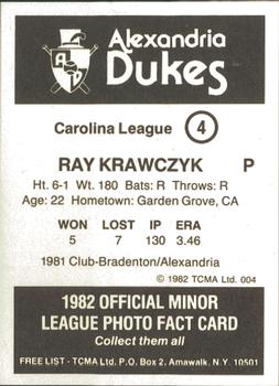 1982 TCMA Alexandria Dukes #4 Ray Krawczyk Back