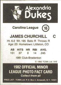 1982 TCMA Alexandria Dukes #16 James Churchill Back
