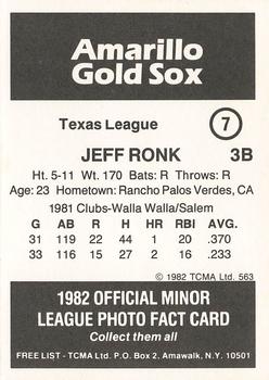 1982 TCMA Amarillo Gold Sox #7 Jeff Ronk Back