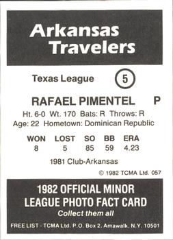 1982 TCMA Arkansas Travelers #5 Rafael Pimentel Back