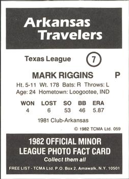 1982 TCMA Arkansas Travelers #7 Mark Riggins Back