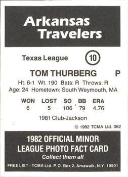 1982 TCMA Arkansas Travelers #10 Tom Thurberg Back