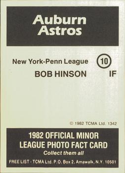 1982 TCMA Auburn Astros #10 Bob Hinson Back