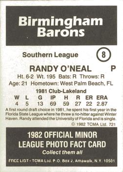 1982 TCMA Birmingham Barons #8 Randy O'Neal Back