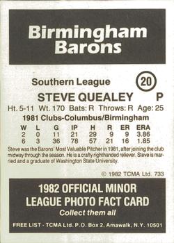 1982 TCMA Birmingham Barons #20 Steve Quealey Back