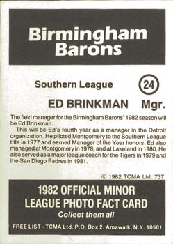 1982 TCMA Birmingham Barons #24 Ed Brinkman Back