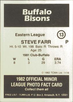 1982 TCMA Buffalo Bisons #13 Steve Farr Back