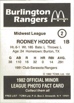 1982 TCMA Burlington Rangers #2 Rodney Hodde Back