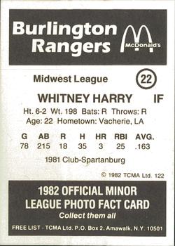 1982 TCMA Burlington Rangers #22 Whitney Harry Back