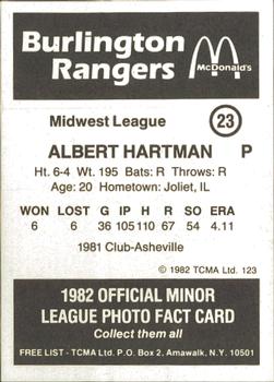 1982 TCMA Burlington Rangers #23 Albert Hartman Back