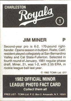 1982 TCMA Charleston Royals #1 Jim Miner Back
