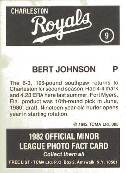 1982 TCMA Charleston Royals #9 Bert Johnson Back