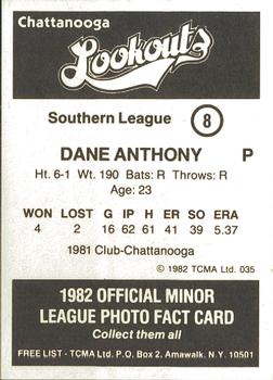 1982 TCMA Chattanooga Lookouts #8 Dane Anthony Back