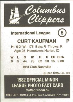 1982 TCMA Columbus Clippers #5 Curt Kaufman Back