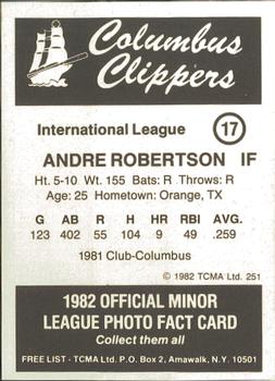 1982 TCMA Columbus Clippers #17 Andre Robertson Back