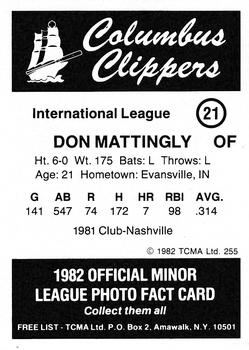 1982 TCMA Columbus Clippers #21 Don Mattingly Back