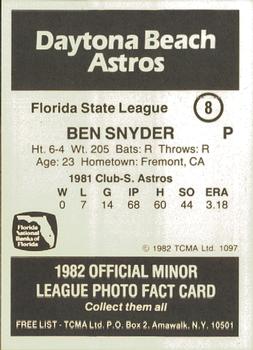 1982 TCMA Daytona Beach Astros #8 Ben Snyder Back