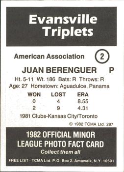 1982 TCMA Evansville Triplets #2 Juan Berenguer Back