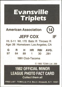 1982 TCMA Evansville Triplets #14 Jeff Cox Back