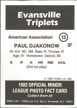 1982 TCMA Evansville Triplets #15 Paul Djakonow Back