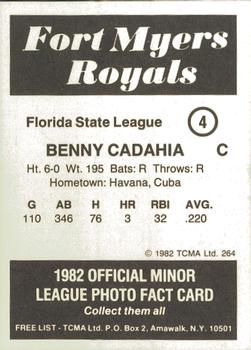 1982 TCMA Fort Myers Royals #4 Benny Cadahia Back