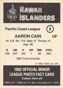 1982 TCMA Hawaii Islanders #9 Aaron Cain Back