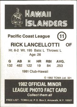 1982 TCMA Hawaii Islanders #11 Rick Lancellotti Back