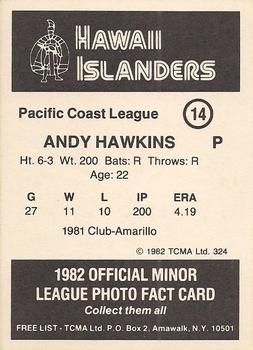 1982 TCMA Hawaii Islanders #14 Andy Hawkins Back