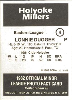 1982 TCMA Holyoke Millers #4 Lonnie Dugger Back