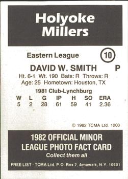 1982 TCMA Holyoke Millers #10 Dave W. Smith Back
