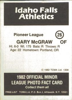 1982 TCMA Idaho Falls Athletics #26 Gary McGraw Back