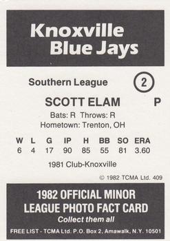 1982 TCMA Knoxville Blue Jays #2 Scott Elam Back