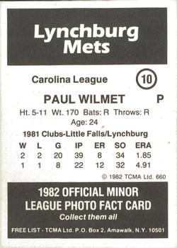 1982 TCMA Lynchburg Mets #10 Paul Wilmet Back