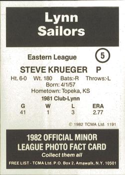 1982 TCMA Lynn Sailors #5 Steve Krueger Back