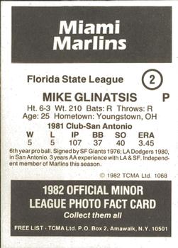 1982 TCMA Miami Marlins #2 Mike Glinatsis Back