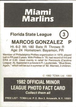1982 TCMA Miami Marlins #3 Marcos Gonzalez Back