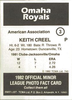 1982 TCMA Omaha Royals #3 Keith Creel Back