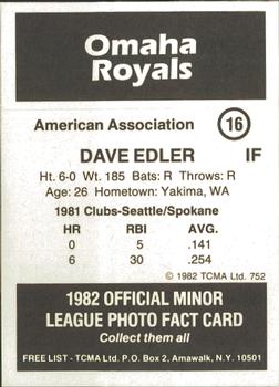 1982 TCMA Omaha Royals #16 Dave Edler Back