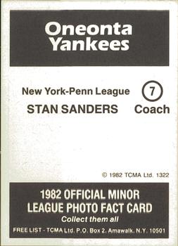 1982 TCMA Oneonta Yankees #7 Stan Sanders Back