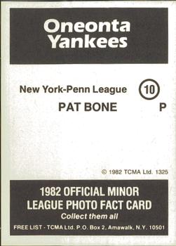 1982 TCMA Oneonta Yankees #10 Pat Bone Back