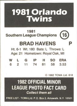 1982 TCMA Orlando Twins 81 SL Champs #16 Brad Havens Back