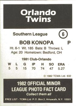 1982 TCMA Orlando Twins #6 Bob Konopa Back